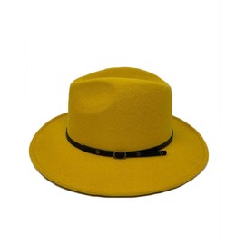 The Hatter Women Men Unisex Wool Blended Polyester Panama Fedora with Ribbon PU Buckle Band (Mustard)