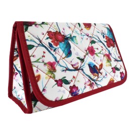 TropicaZona Travel Portable Purse Size Makeup Case Cosmetic Bag with Mirror, Quilted Cotton, Red Flowers Blue Birds