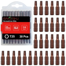 BAKESHU T25 Bit x 30 Pieces, Torx Bit T25 1/4 Inch Hex Drive (Length: 25 mm)