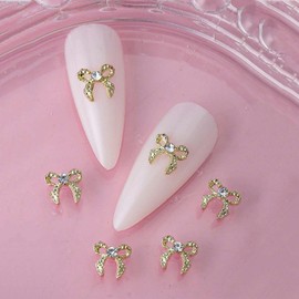10pcs Gold Rhinestone Bow Nail Charms - 3D Metal Alloy Nail Art Accessories Cute Ribbon Bow Design Nail Gems Jewelry Sparkling Full Cover Nail Decor Charms for Manicure