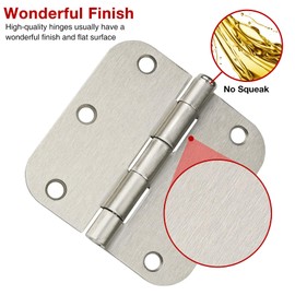3 Pack Rounded Door Hinges Brushed Nickel 3.5 Inch 5/8" Radius Hardware Satin 3 ½" Heavy Duty Flat Iron Silver Hinge for Doors Kit Interior 3 1/2" Bedroom Kitchen Living Storage Study Room Hallway