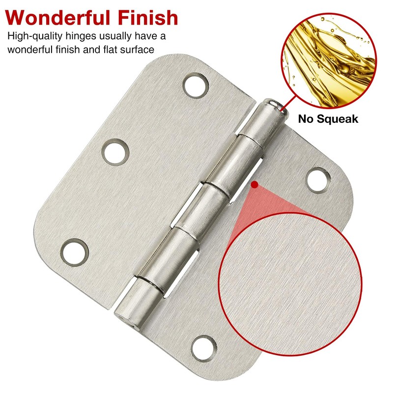 3 Pack Rounded Door Hinges Brushed Nickel 3.5 Inch 5/8"