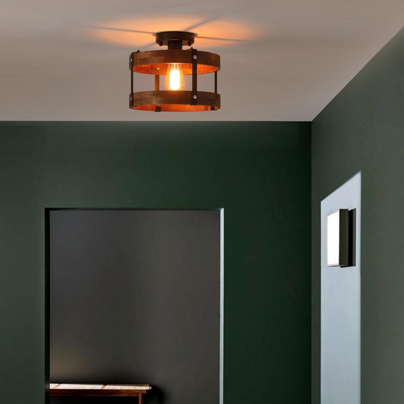 Rustic Farmhouse Wood Flush Mount Ceiling Light Fixture 1 Light
