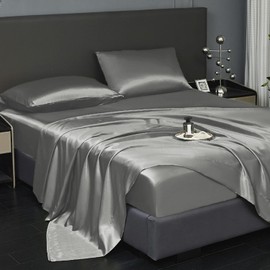 Revdomfly 4 Pcs King Size Luxury Silky Soft Grey Satin Sheet Set,1 Premium Moisture Wicking Fitted Sheet Fits Up to 16 Inches Deep Pocket + 1 Flat Sheet + 2 Pillowcases（Grey, King）