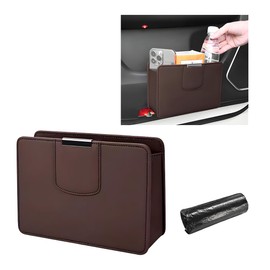 FSTURIOS Car Trash Can, Leather Magentic Vehicle Garbage Organizer with One Roll Trash Bag, Foldable Waterproof Dustbin Litter Container Mini Sotrage Bag for Car Truck SUV (Brown)