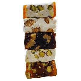 Mixed Nut Nougat and Turkish Delights Lokum Candy - Nougat with Pistachio - Nougat with Almond - Nougat Apricot Pistachio - Walnut Raisin Turkish Delight - Apricot Pistachio Turkish Delights . Weight: 11oz . Individually Wrapped.