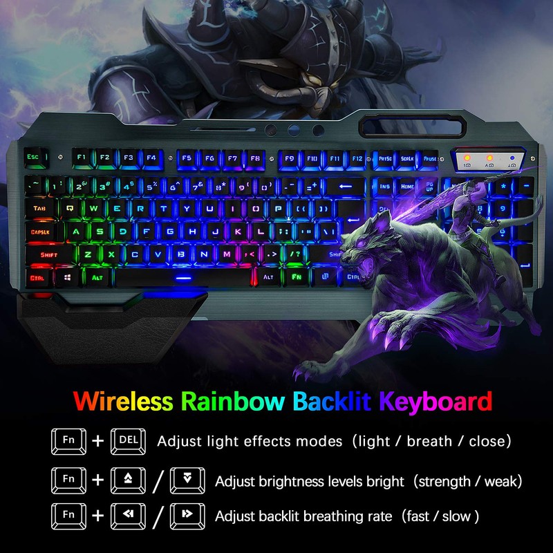Wireless Gaming Keyboard and Mouse,Rainbow Backlit Rechargeable Keyboard Mouse with