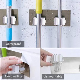 BWESOO 1Pc White Mop Broom Holder Wall Mounted, Holder Self Adhesive Mop Grip Holders Wall Mounted Hanger Organizer, Mop Hanger Heavy Duty with Hooks Mop Handles Waterproof, Super Adhesion
