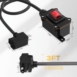 STARELO Extension Cord with on/Off Switch, IP66 Waterproof,Inline Power Switch with 3 FT 16AWG Cable Piggyback Plug(3-Pronged), Outdoor Power Switch AC/DC 20A-125V, 16A-250V, Red Light Rocker Button
