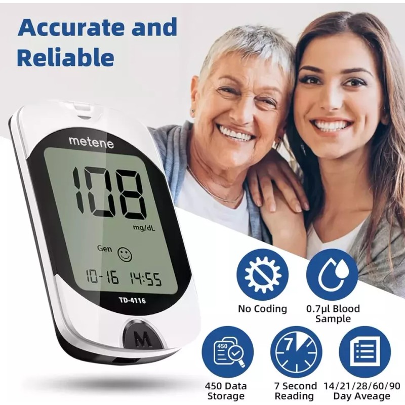 Metene NEW Metene TD-4116 Blood Glucose Monitor/ 100 Strips 100