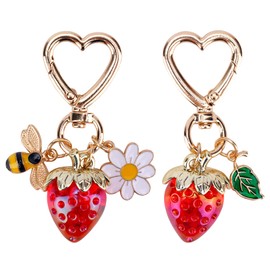 lasuroa 2pcs Strawberry Keychain, Cute Strawberry Bag Charms with Bee Daisy Flower Leaf Charm Metal Heart-Shaped Keychains Accessories for Women's Purse Handbag Zipper Pull
