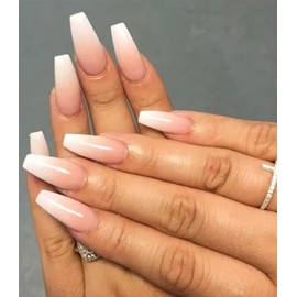 Morily Press on Nails - Pink Ombre Coffin Fake Nails Medium Length, French Tip Glossy False Stick on Fingernails for Women - 24Pcs in 12 Sizes
