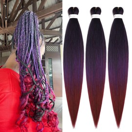 Pre Streched Braiding Hair Extensions 30 Inch 3 Packs Black to Purple to Burgundy Synthetic Colored Braiding Hair Crochet Braids Hair Hot Water Setting Soft Yaki Texture (30",1BPurple900)