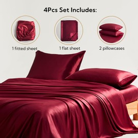 Candoury Satin Sheets Bed Set 4 Pcs, King Size Silky Bedding Set, Soft and Durable Pillowcase, Flat Sheet and Fitted Sheet, Hotel Luxury Bed Sheets Set(King, Burgundy)