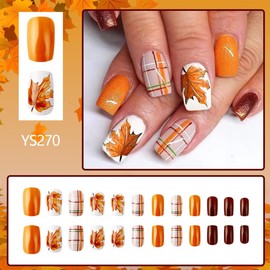 Fall Fake Nails Maple Leaf Press on Nails Medium Square False Nails Autumn Leaves Design Full Cover Acrylic Nails Orange Glitter Fall Glue on Nails Artificial Stick on Nails for Women Girls