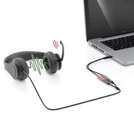 deleyCON Headphone Headset Splitter Audio Jack Y Adapter Cable Stereo - 1 x 3.5 mm Jack Plug CTIA 4-Pin TRRS to 2 x 3.5 mm Jack Socket - 1x Jack Connection to Headphones and Microphone