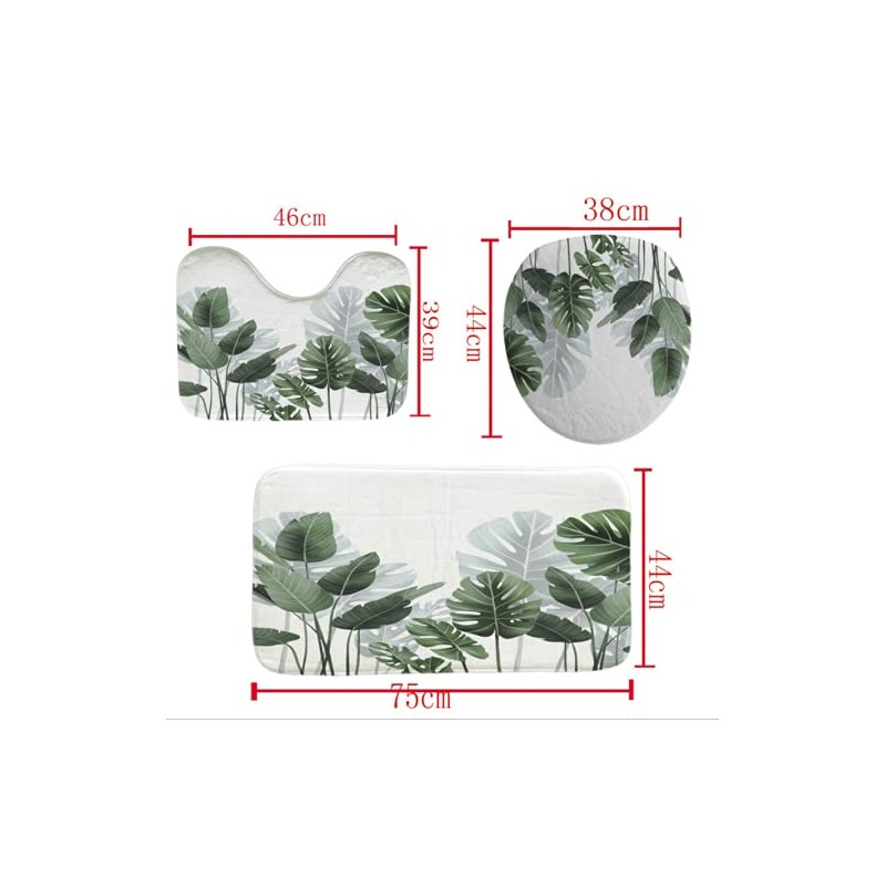 Xshelley Three Piece Tropical Leaf Plant Bathroom Bath Mat, Non-Slip