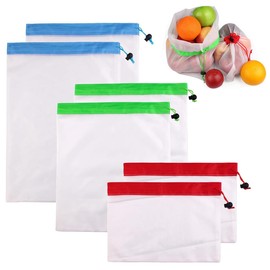 RuiChy 6 Pcs Reusable Produce Bags Washable Mesh Pouch Toy Storage Organizer Versatile See-Through Drawstring Bag for Toys Grocery Fruits Vegetables and Small Items (3 Various Sizes)