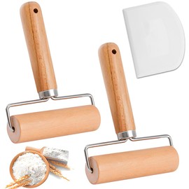 2 PCS Small Wooden Rolling Pin & Roller Set - Small Baking Tools for Pizza Dough with Smooth Wooden Handle, Includes Dough Scraper
