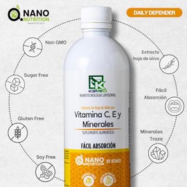 Vitamina C, Vitamina E y Minerales con Extracto de Hoja de Olivo | Suplemento de Fácil Absorción 480 Ml | Nanotecnología Liposomal | Nano Nutrition by