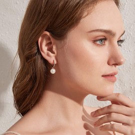 ZDaoBen Pearl Earrings for Women 925 Sterling Silver 10MM Large Pearl Dangle Drop Earrings Rose Gold Cubic Zirconia Dangling Leverback Earrings Dainty Wedding Bridal Jewelry Gift for Her