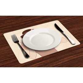 Ambesonne Old Hollywood Place Mats Set of 4, Curly Hair Brunette Flapper Girl Wearing Necklace and Headband, Washable Fabric Placemats for Dining Room Kitchen Table Decor, Beige Brown Ivory