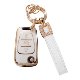 CACARLIKE for Kia/Hyundai Key Fob Cover with Leather Lanyard, Car Key Fob Case Compatible with 2010-2013 Kia Soul 2012-2014 Kia Rio Sportage Smart Key Protector Holder