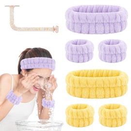 CERETIA Face Wash Headband and Wristband Set of 2, Purple and Yellow, Microfiber, One Size, with Holder for Washing Face, Absorbent Spa Wristbands