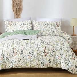 Sedefen Green Botanical Floral Duvet Cover Set Full Size Reversible 3 Pieces Soft Microfiber Sage Green Comforter Cover with Zipper Ties for Men Women