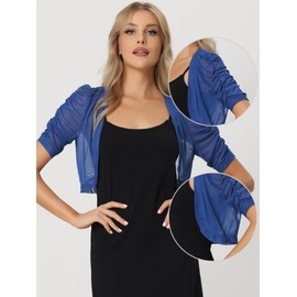 Allegra K Casual Short Sleeve Mesh Sheer Shrug for Women's Open Front Cropped Cardigan Bolero Blue M