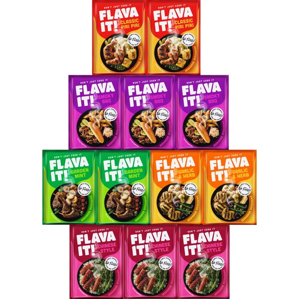 Flava It Seasoning Spices Marinade 12 x 35g - 5 Flavours Mix (Chinese Style, Smokey BBQ, Garden Mint, Garlic & Herb, Piri Piri)