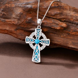 Lab Grown Diamond Celtic Cross Irish Knot Necklace for Women,18K Gold Plated 925 Sterling Silver Created Turquoise Trinity Knot Celtic Pendant Necklaces Mother Day Birthday Gifts for Mom Wife (Style-1)