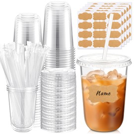 Ziliny 50 Sets Clear Plastic Cups with Lids Straws Disposable Round Bottom Ice Coffee Cups with Label Stickers for Cold Drinks Juice Smoothie Beer Cocktails Coffee Bar Party (16oz)