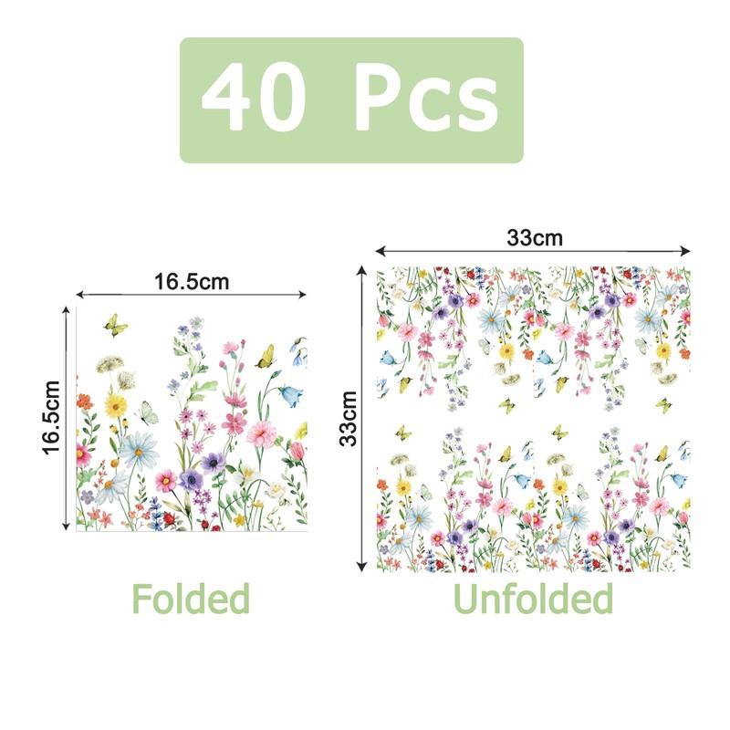 Pack of 40 Napkins Flowers Spring Napkins Summer Flower Meadow