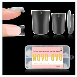 NOVO OVO Upgraded Extra Thick Short Duck Feet Nail Tips Full Cover for Press on Acrylic, Clear Pre-Etched Matter Flare Wide French Soft Gel Fake False Nail Extension Full Coverage x 12 Sizes 120 pcs