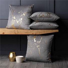 Red Rainbow 4 Pack Gold Metallic Velvet Cushion Covers with Marble design 18 inch 45 x 45 cm Square (Grey)