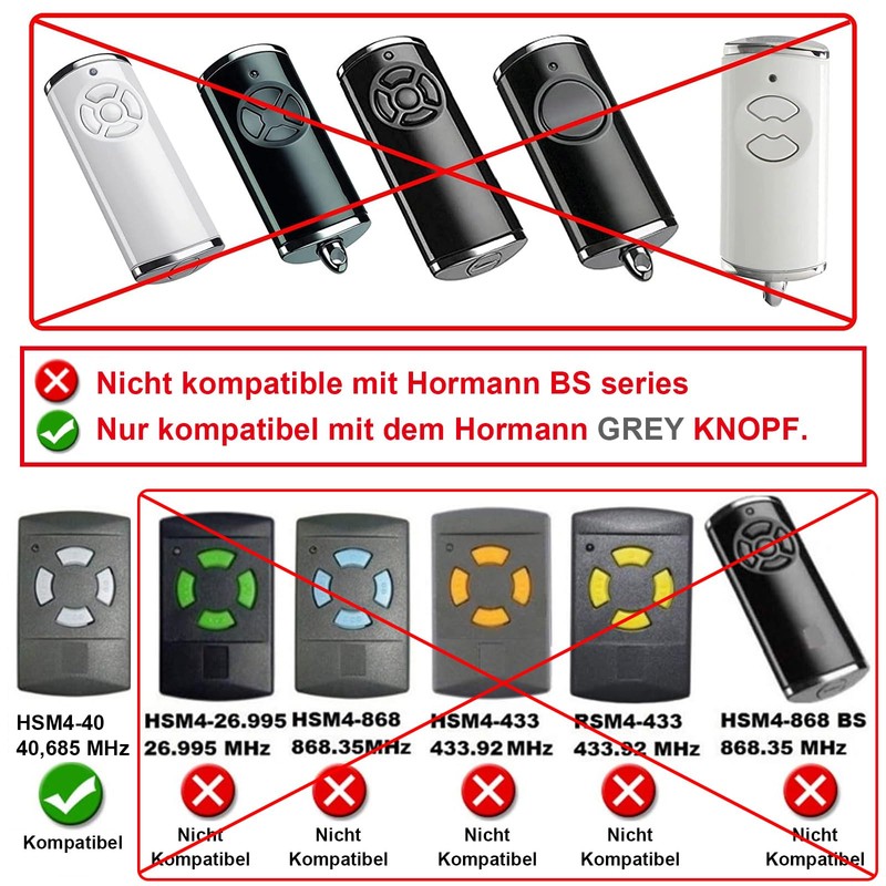 Replacement Handheld Transmitter Compatible with Hormann HS4 40,685MHz Garage Door