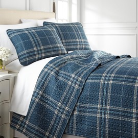 Southshore Fine Living, Inc. Oversized King Quilt, Fall Bedding Set, 3-Piece, King Size Plaid Quilt with 2 Shams, Microfiber Bedspread King or California King Coverlet Set, Blue Plaid