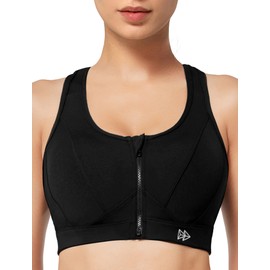 Yvette Zip Front Sports Bra High Impact Sports Bras for Women Plus Size Workout Fitness Bra, Black, 3XL+