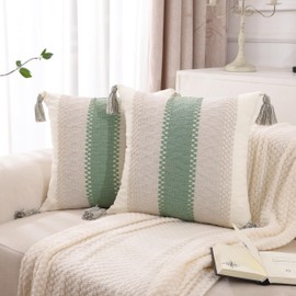 Tosleo Set of 2 Sage Green Throw Pillow Covers 18x18 with Tassels Boho Lumbar Decorative for Bedroom Couch Bed Chair Rustic Retro Cushion Case Bohemian Room Home Decor Women Teen Girls Gift