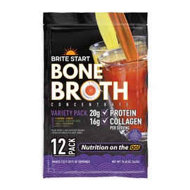 Brite Start Bone Broth - Variety Pack - 12 Count - Keto Friendly Concentrate with 16g Collagen, 20g Paleo Protein - Made from Free Range Chicken Bones & Grass Fed Beef - Single Serve Packets