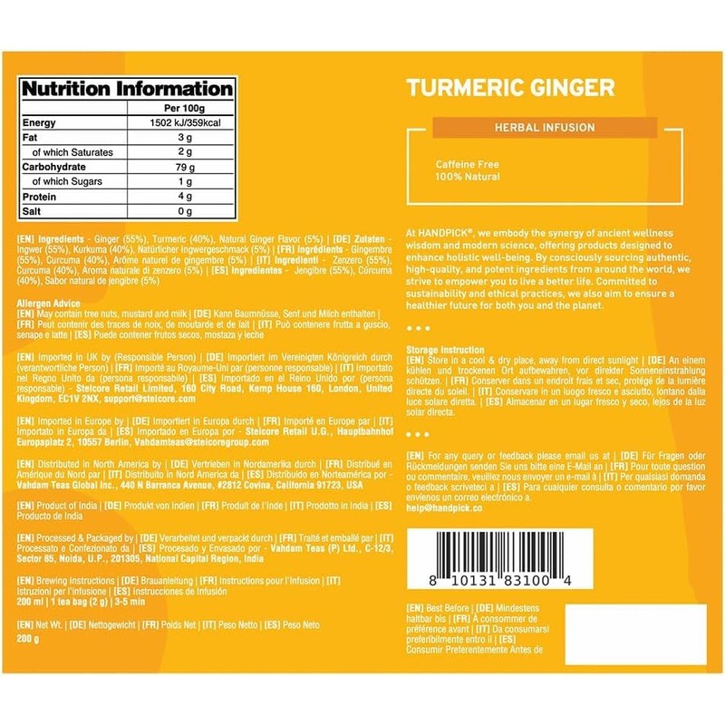 HANDPICK, Turmeric Ginger Tea Bags (100 Herbal Tea Bags) Caffeine