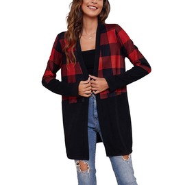 Famulily Women's Color Block Patchworked Cardigan Ladies Mid-Length Lightweight Open Front Boyfriend Cardigan Red Grid XXL