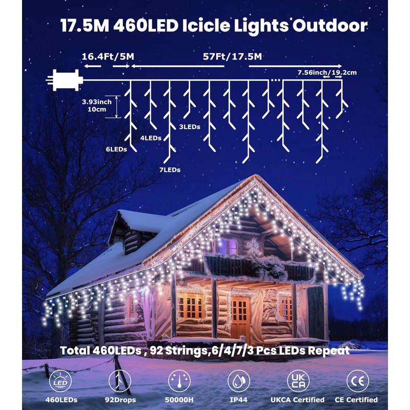 Icicle Outdoor Christmas Lights,460LED 17.5M/57ft Christmas Decorations Lights Plug in,Cool