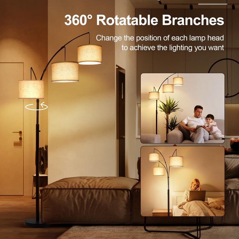 OUTON Arc Led Floor Lamp, Modern Black 3 Light Arched