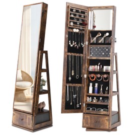 Nicetree 360° Rotating Jewelry Cabinet with Lights, Full-Length Mirror Jewelry Armoire Organizer with Touch Screen Vanity Mirror, Storage Drawers & Shelves for Necklaces, Earrings, Rustic Brown