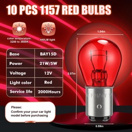Lewtemi 10 Pcs 1157 Red Bulbs Brake Light Bulbs 12V 21/5W Turn Signal Replacement Car Tail Trailer Rear Light Compatible with 2357 2057 7528 BAY15D 1016 1034 for Marker Parking Running Backup Spare