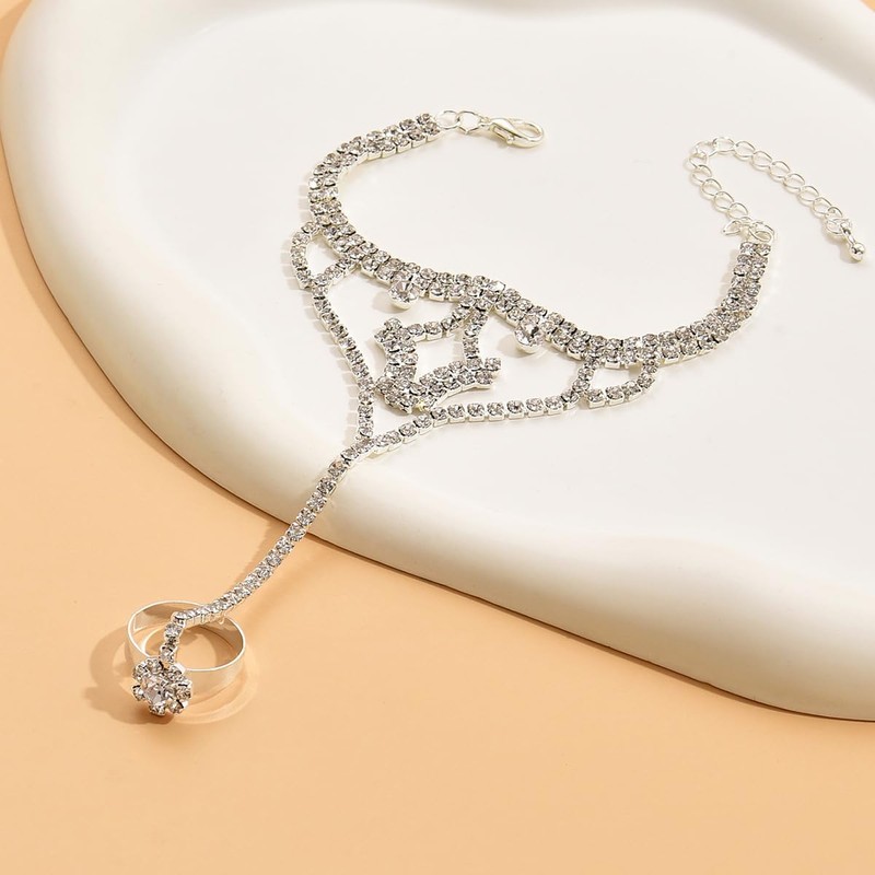 Chargances Silver Wedding Full Rhinestone Bracelet Sparkly Crystal Finger Bracelet