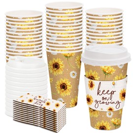 JarThenaAMCS 48 Set Sunflower Disposable Coffee Cups with Lids and Sleeves Daisy Sunflower Paper Cups Summer Drinking Cups for Summer Party Supplies