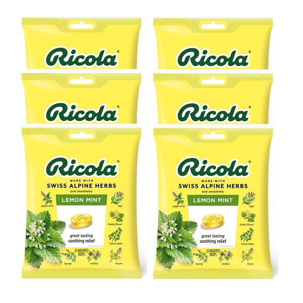 Ricola Lemon Mint Herbal Cough Suppressant Throat Drops | Naturally Soothing Long-Lasting Relief - 24 Count (Pack of 6) Bags